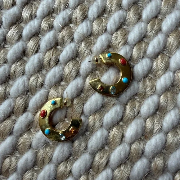 Gold Hoop Earrings with Coral, Turquoise and Clear Accent Stones - Picture 2 of 3